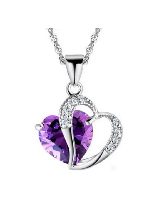 Purple Heart Crystal Rhinestone Silver chain Pendant Necklace