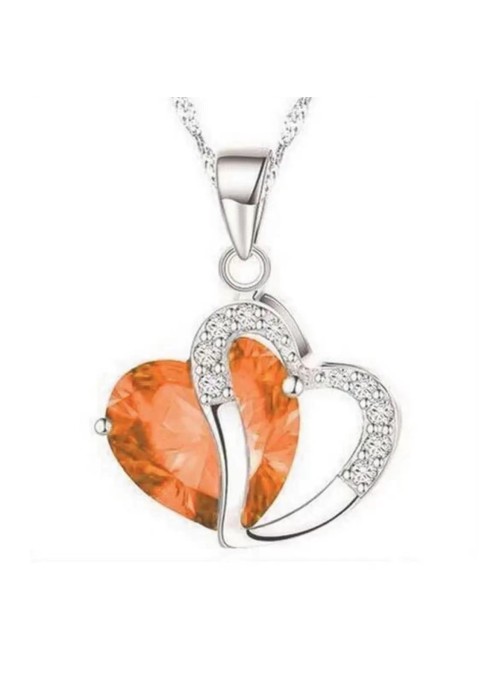 Orange Heart Crystal Rhinestone Silver chain Pendant Necklace